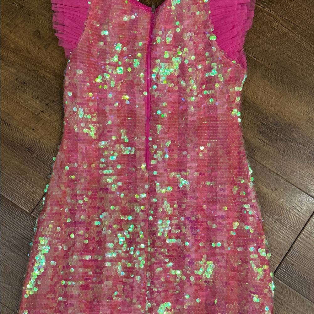 Pink Sequin Dress with Ruffle Sleeves - Picture 2 of 3